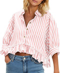 Womens Cropped Striped Ruffle Button Down Shirt - Relaxed Fit
