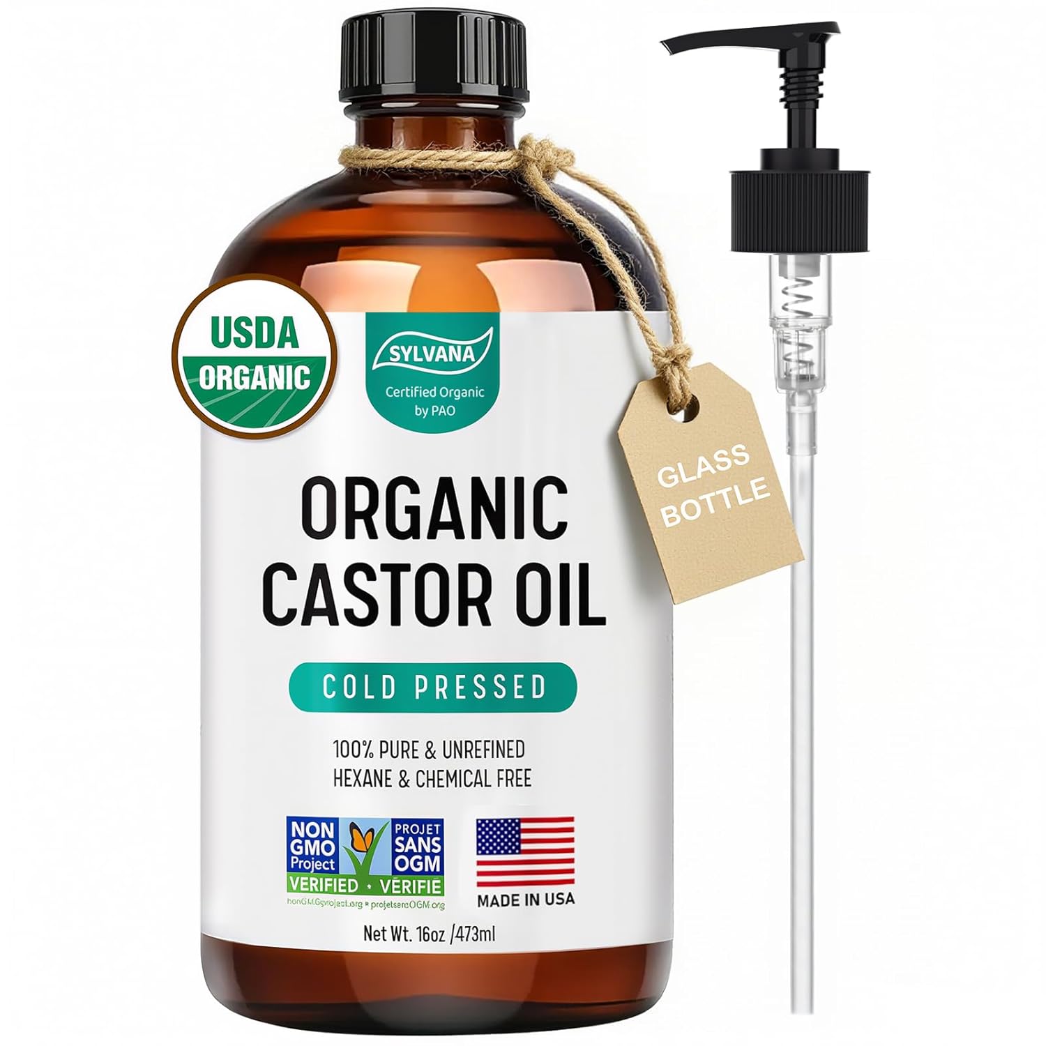 Organic Castor Oil for Hair Growth & Skin Care - 16oz Glass Bottle