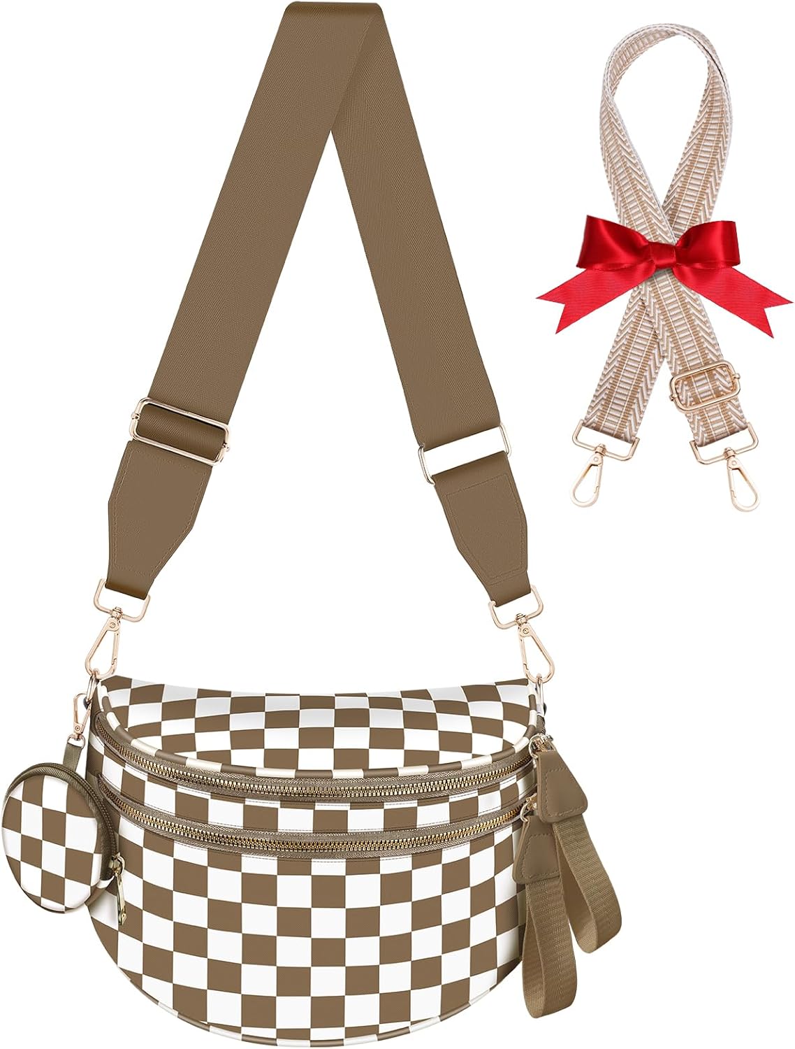 Checkered Bum Bags for Women with Removable Wallets and Extra Strap