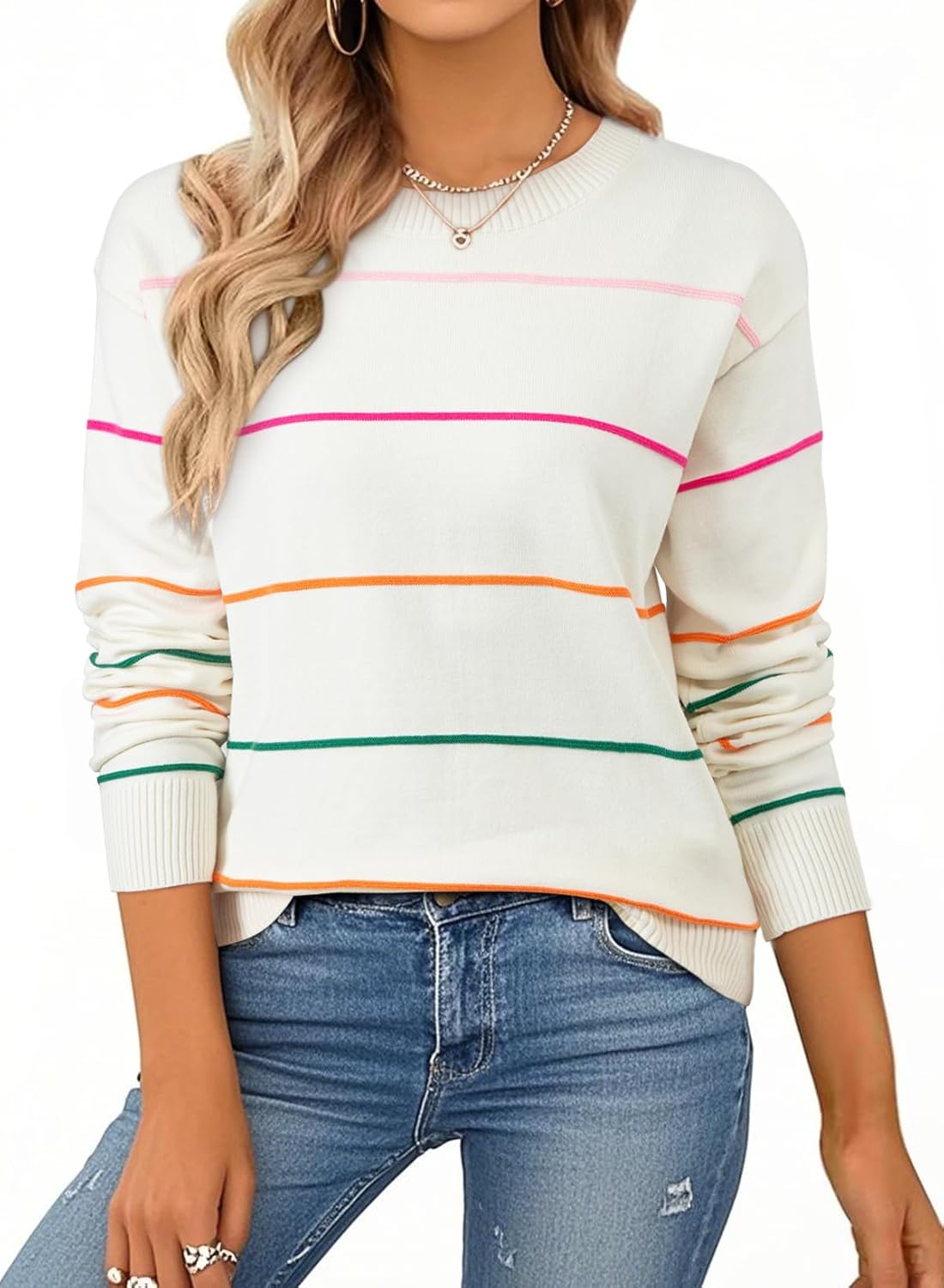SHEWIN Womens Sweaters Crew Neck Knit Long Sleeve Striped