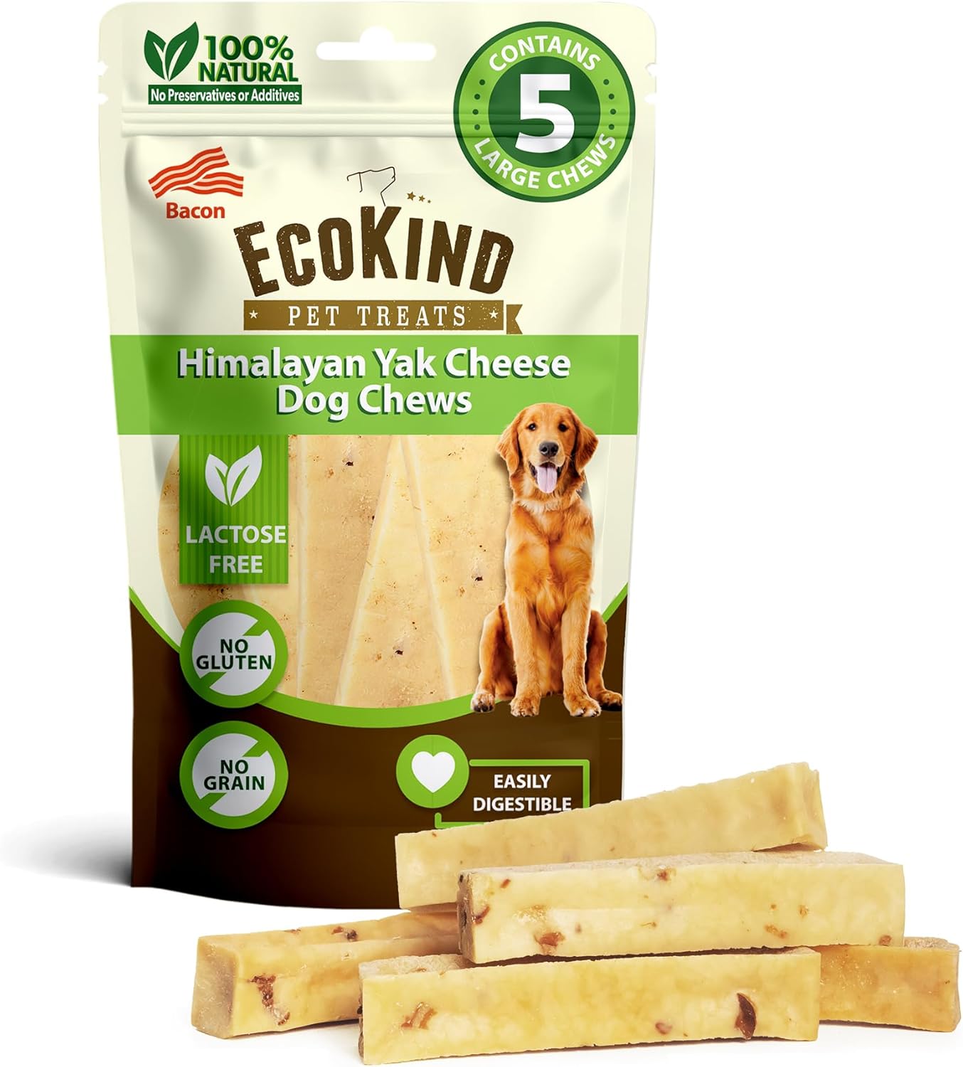 EcoKind Premium Gold Yak Cheese Chews for Large Dogs - 5 Chews