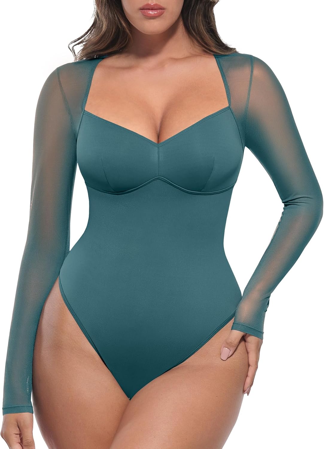 FeelinGirl Long Sleeve Bodysuit for Women Sexy Mesh V Neck