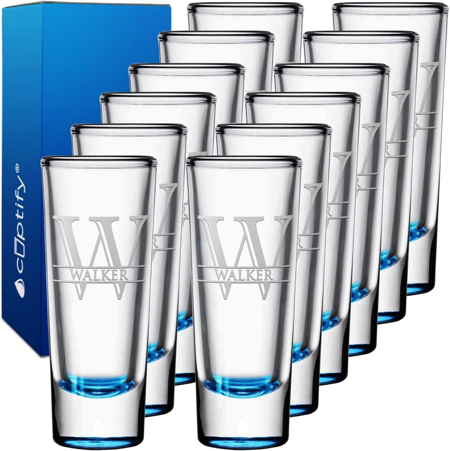 Personalized Shot Glasses Set of 12 with Lite Blue Bottom