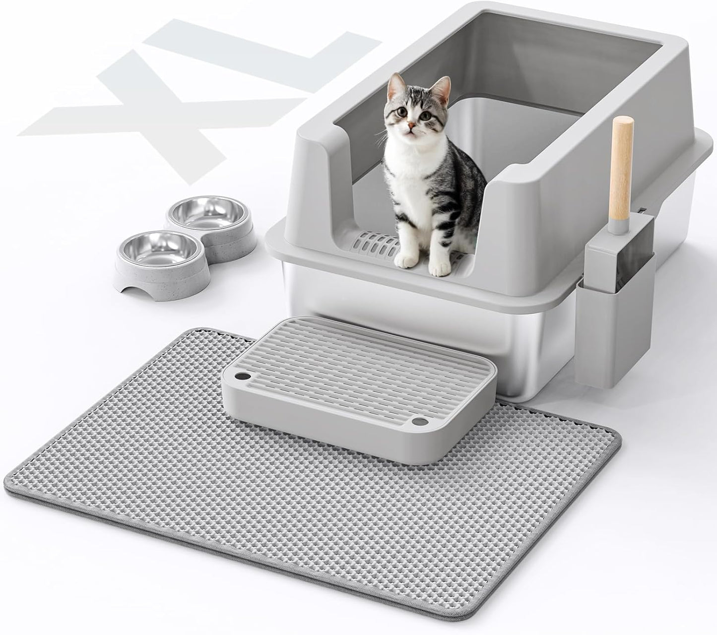 Stainless Steel Cat Litter Box for Big Cats with Lid and Mat