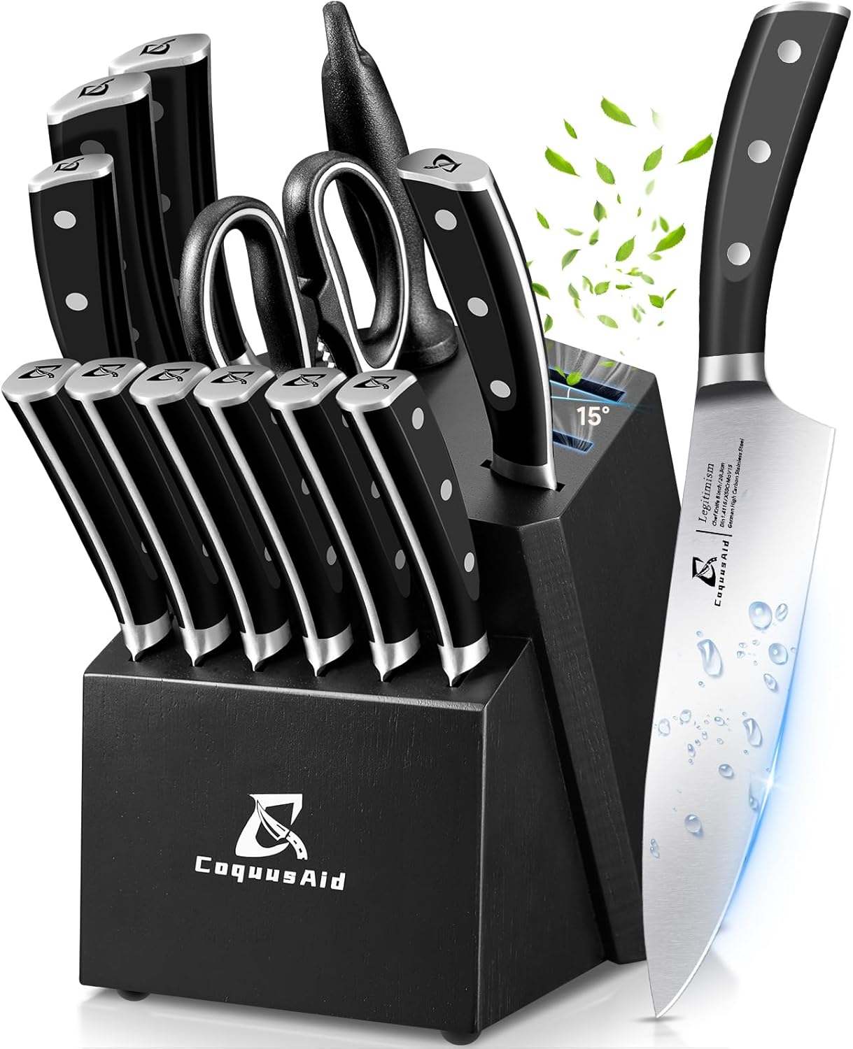 15-Piece Kitchen Knife Block Set with Sharpener and Steak Knives