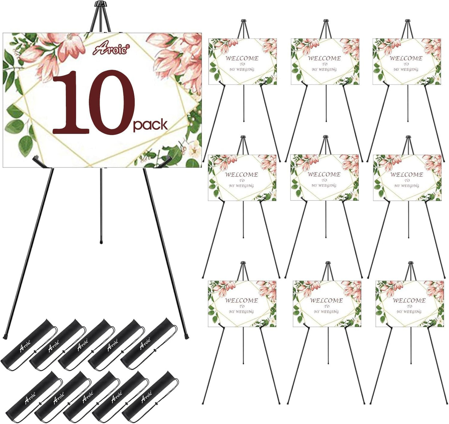 63 Inch Portable Metal Easel Stand for Display - 10 Pack Set