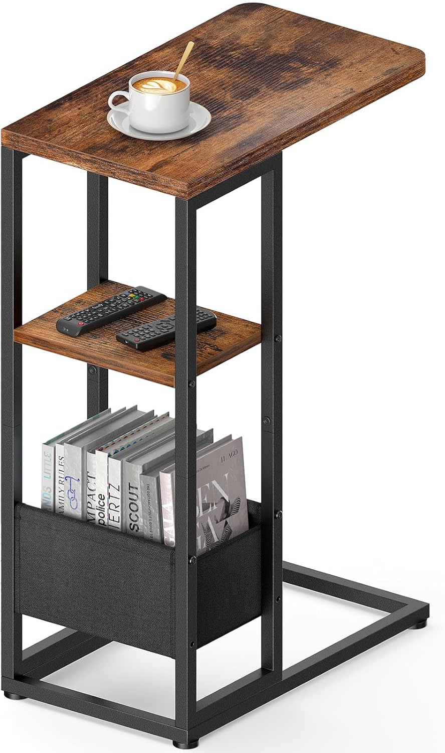 C Shaped End Table for Couch with Storage Bag - Rustic Brown