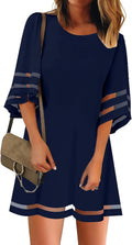 Women Casual Crewneck Mesh Panel 3/4 Bell Sleeve Loose Tunic Dress fit