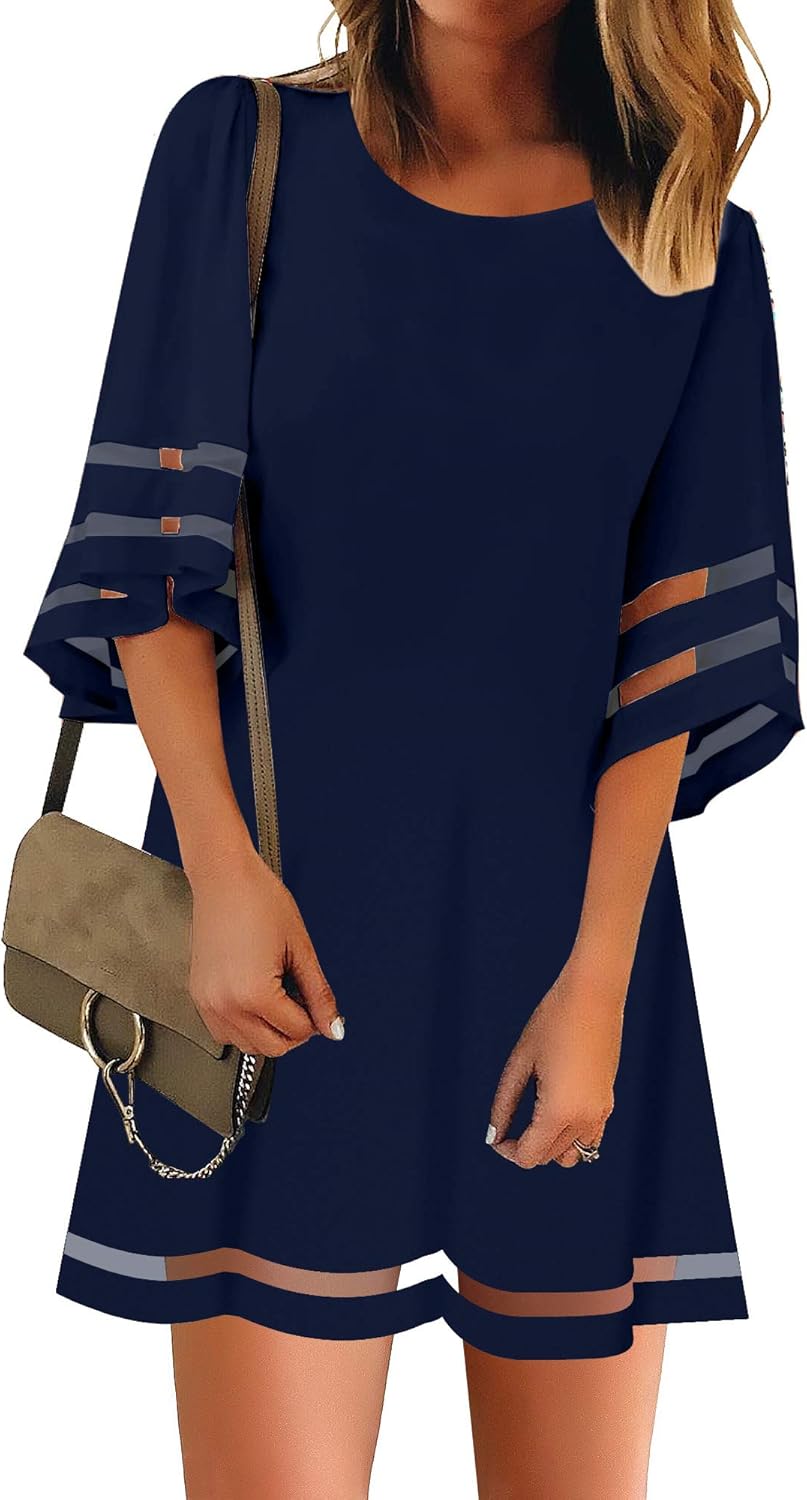 Casual Crewneck Mesh Panel Bell Sleeve Tunic Dress for Women
