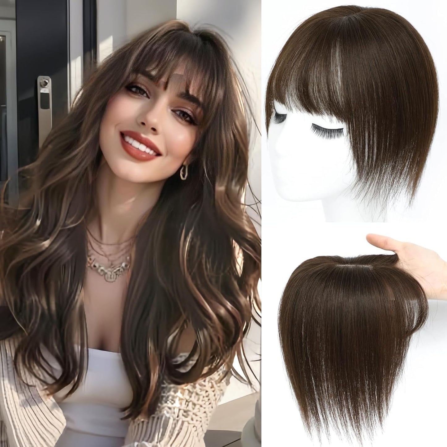 Hair Toppers for Women Real Human Hair with Wispy Bangs