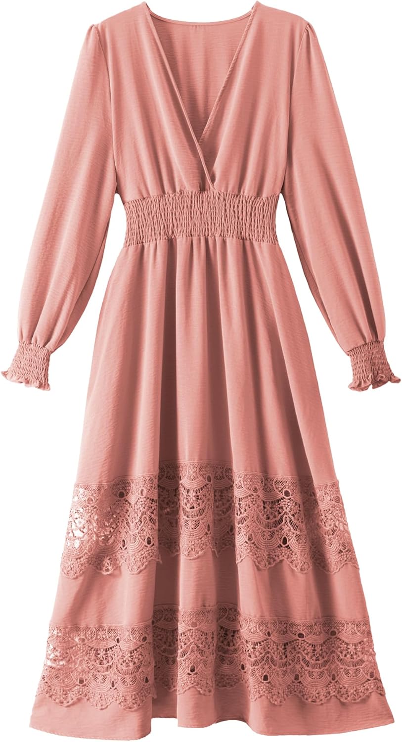 Women's Lace Maxi Dress for Party with Smocked Waist Design