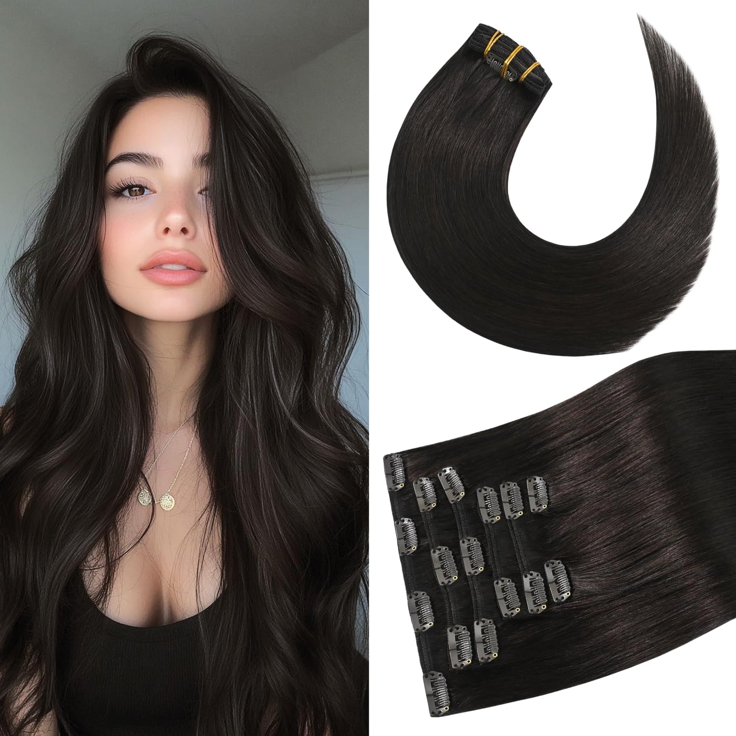 Clip in Hair Extensions Remy Natural Human Hair 15 Inch Dark Brown