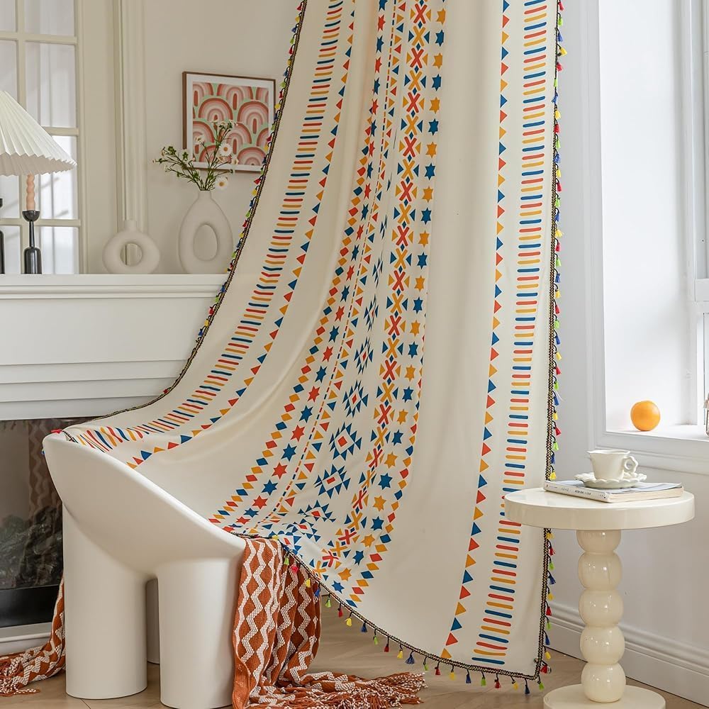 Boho Curtains Geometric Light Filtering Semi-Blackout Drapes 96 in