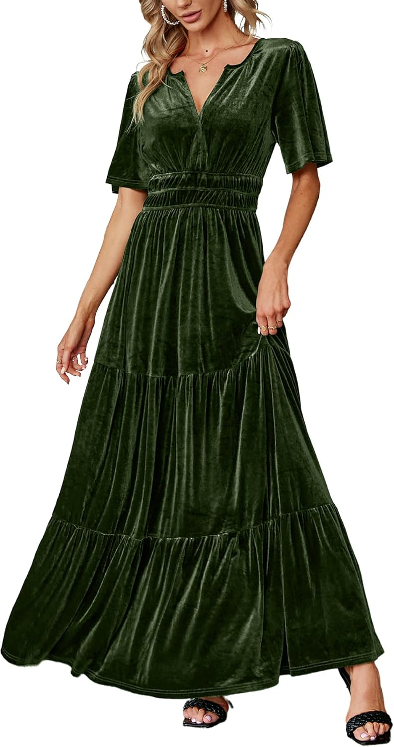 Elegant Amegoya Women's Velvet V Neck Maxi Dress for Events