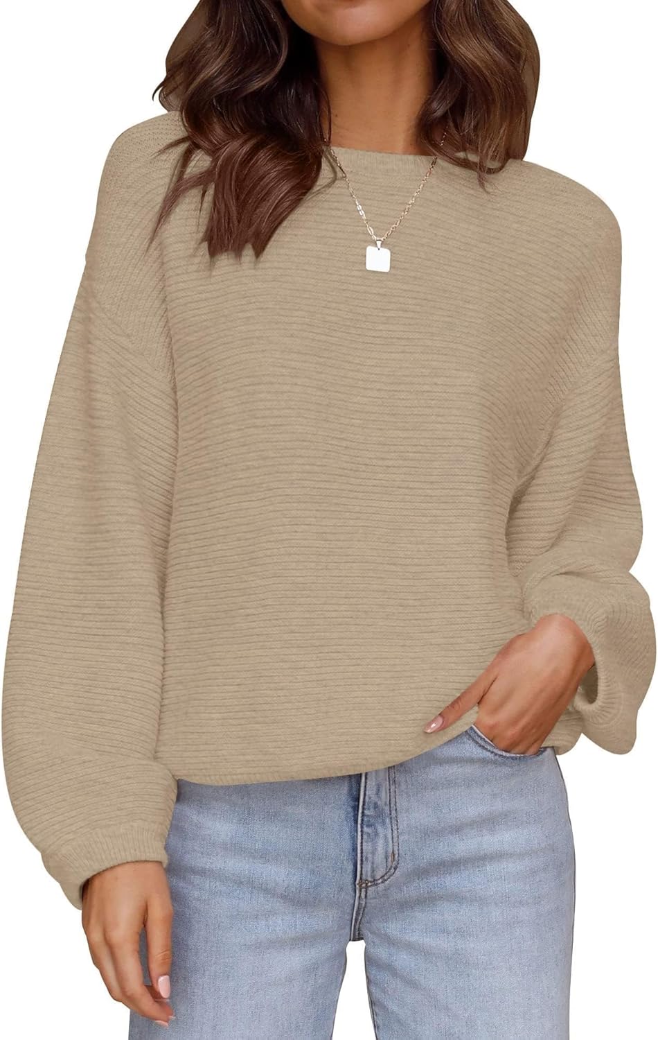 ZESICA Women's Crew Neck Long Lantern Sleeve Pullover Sweater