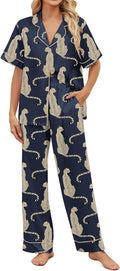 Satin Pajamas for Women Set Button Down Short Sleeve - Cheetah Print