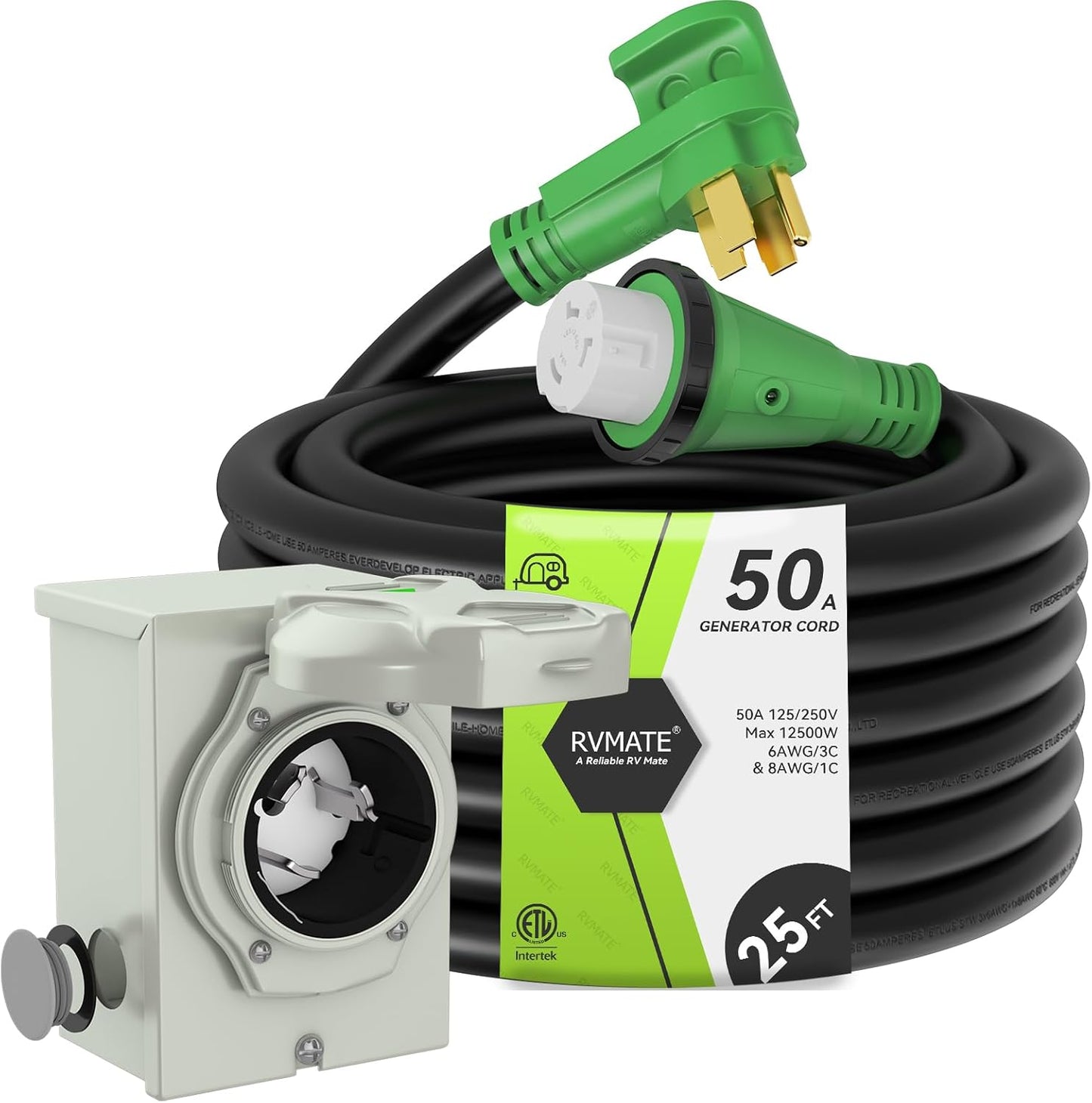 RVMATE 50 Amp Generator Cord 25FT with Power Inlet Box Kit