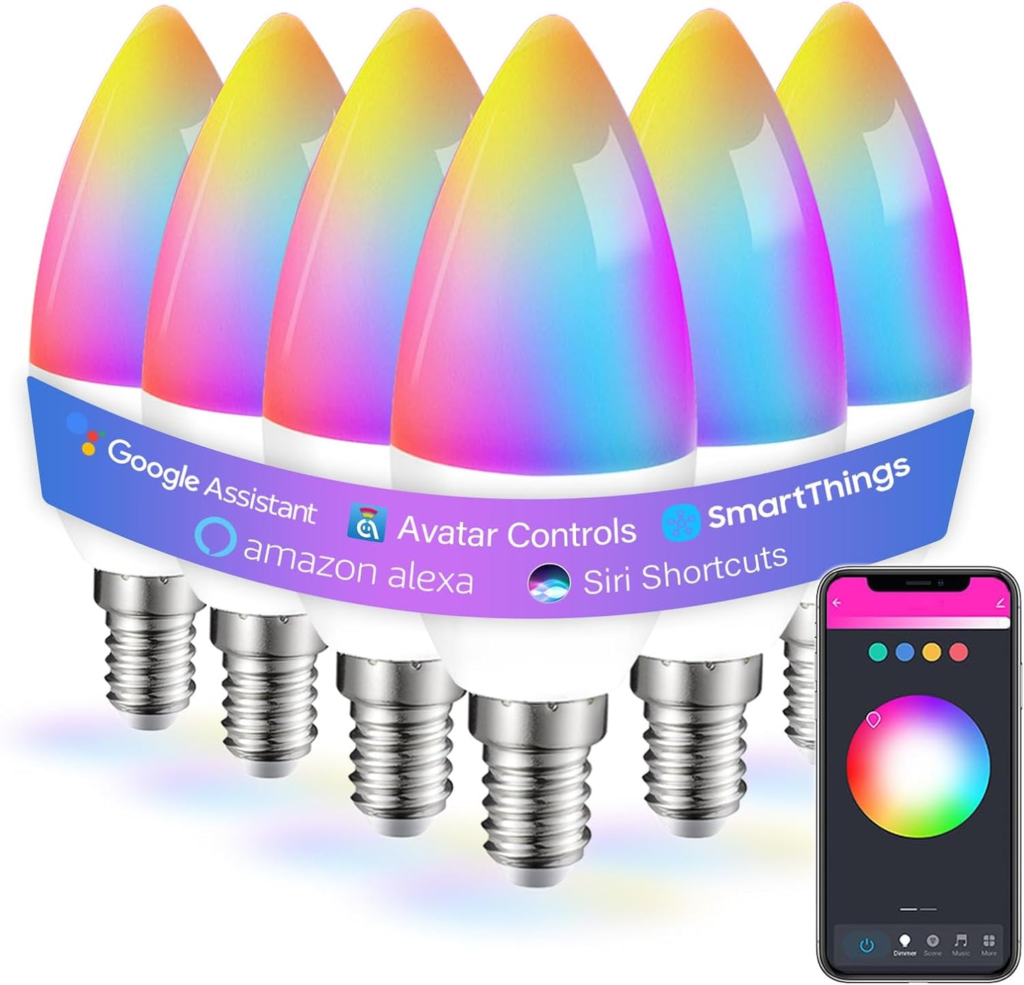 E12 Smart Bulbs 6 Pack with Voice Control and Color Changing