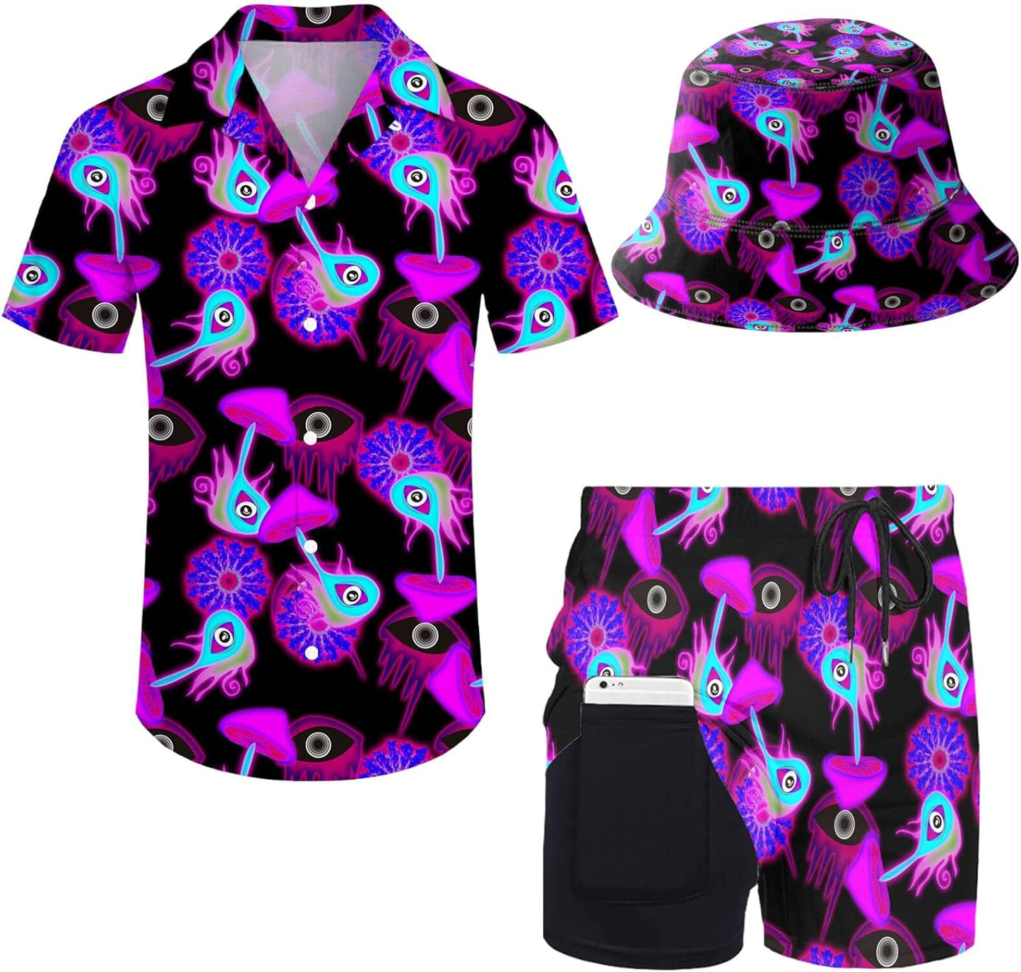 Mens 2 Piece Tracksuit Hawaiian Button Down Shirt Set with Hat