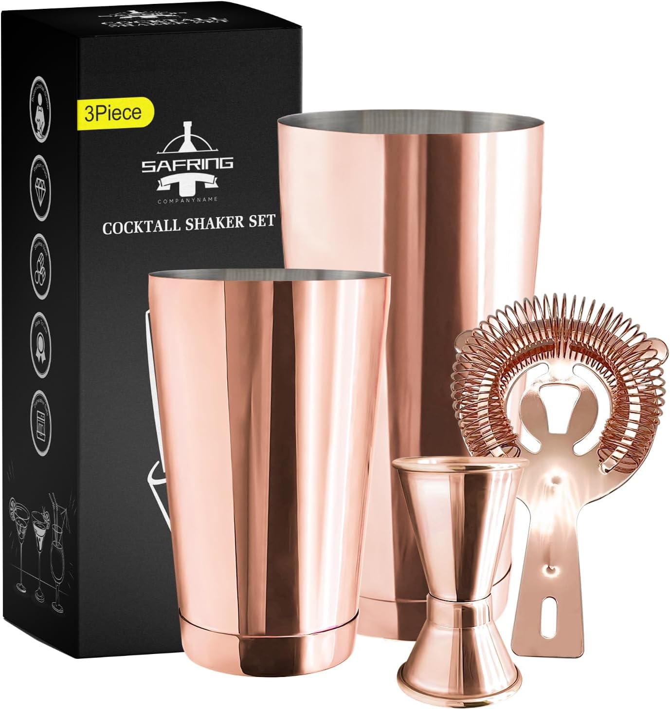 Rose Gold Bartender Kit with Weighted Shakers ~ Safring