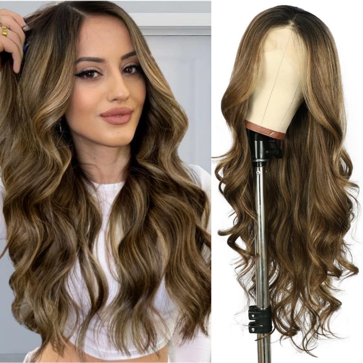 Highlight Brown Lace Front Wigs for Women - 26in Long Wavy Style