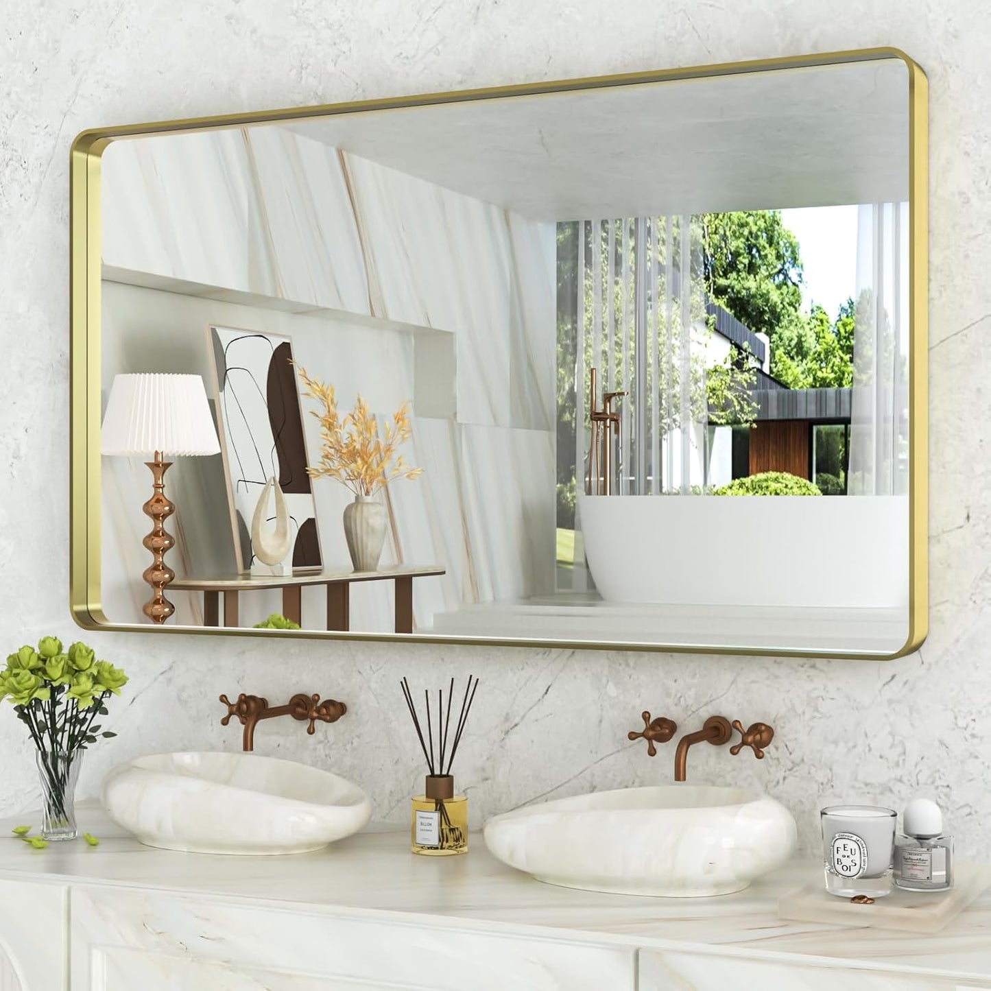 WEER Gold Bathroom Mirror with Durable Brushed Metal Frame
