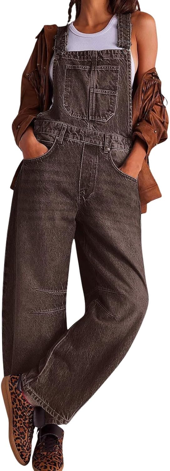 Womens Denim Overalls Loose Fit Barrel Leg Adjustable Strap Jumpsuits