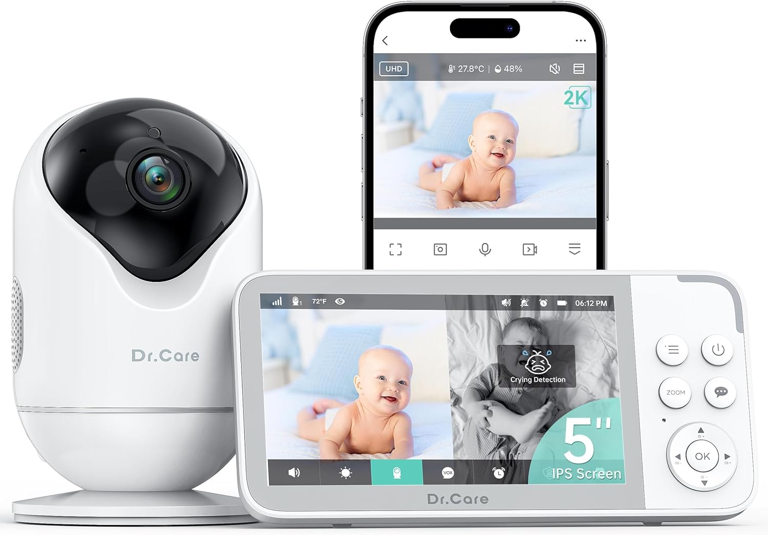 Dr.Care VistaView Smart Baby Monitor - Crystal Clear 2K Video, Motion Alerts, Long Battery