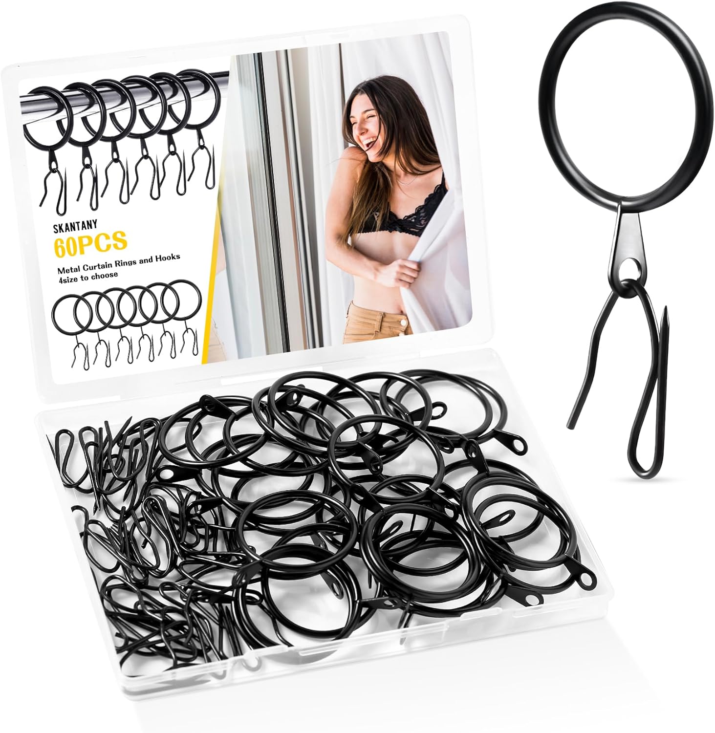 Black Metal Curtain Rings Set - Easy Drapery Hook Installation