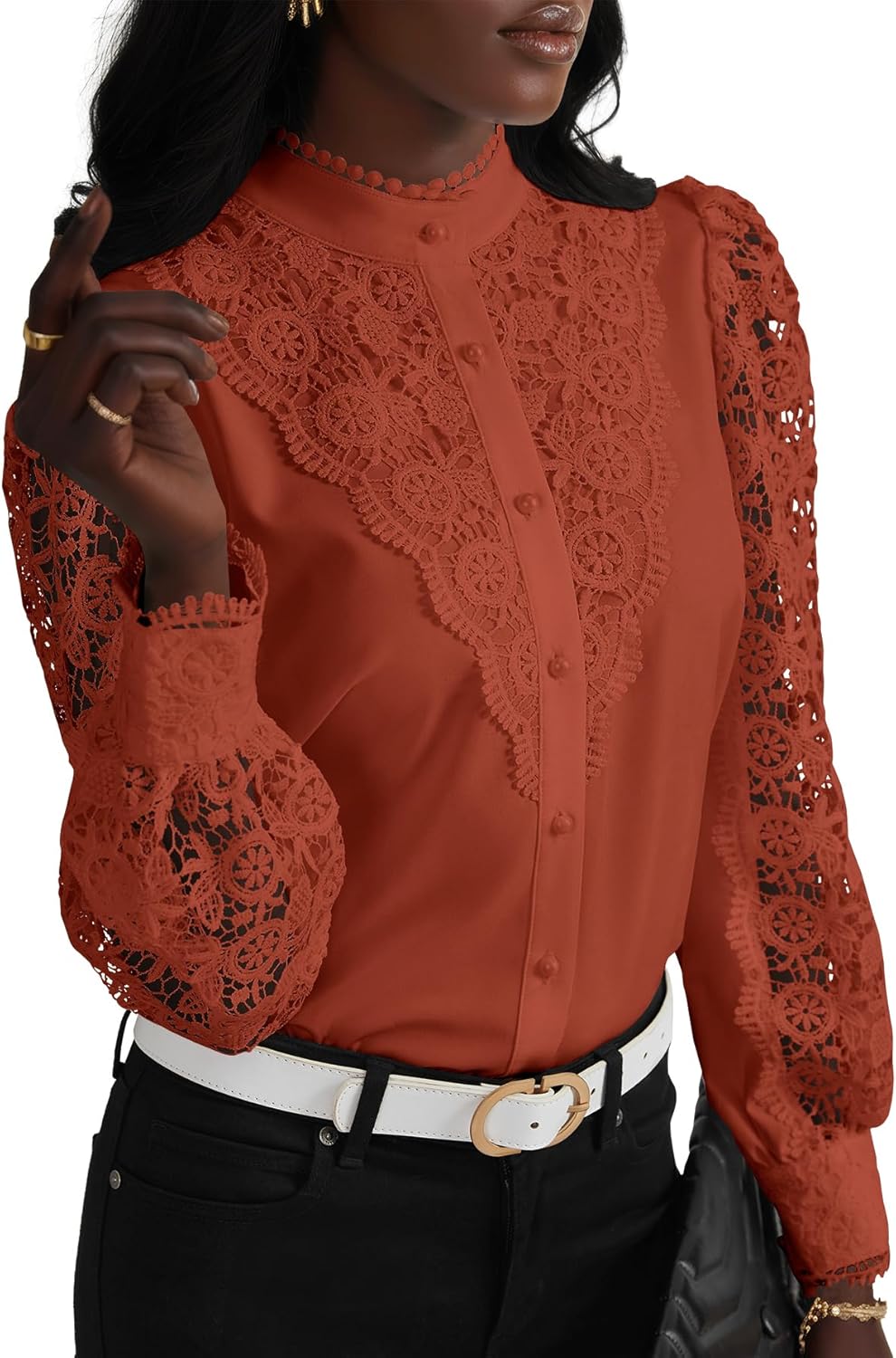 Elegant Women's Lace Crochet Mock Neck Long Sleeve Blouse Top