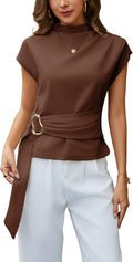 Yeokou Women Buckle Tie Top Stand Collar Belted Short Sleeve Elegant