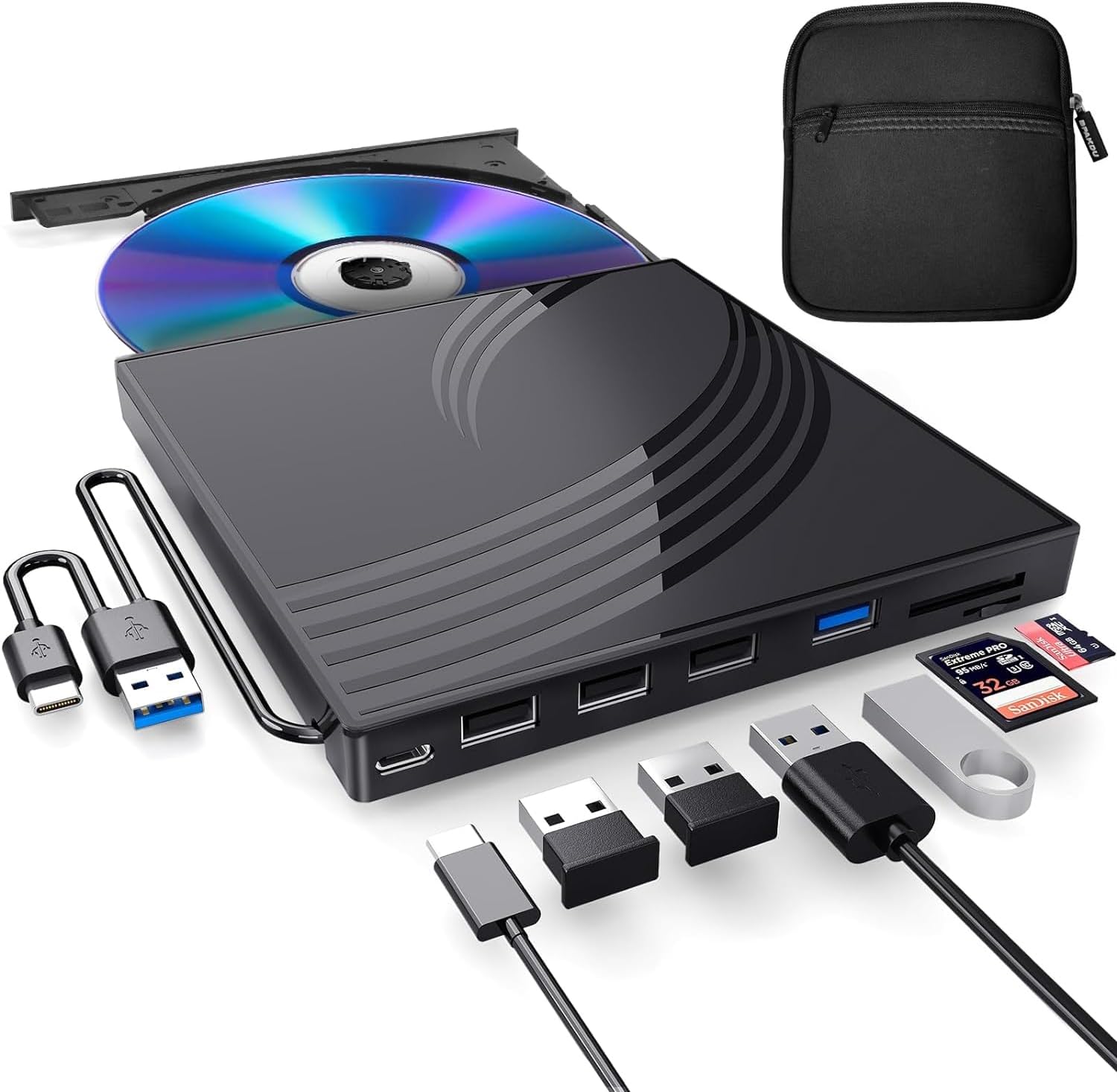Portable External CD/DVD Drive with 4 USB Ports