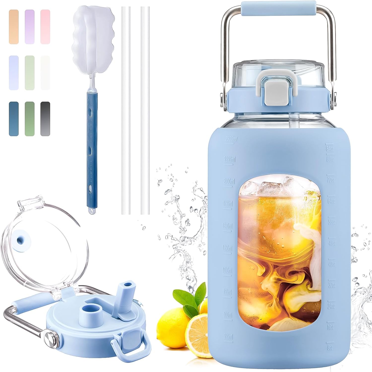 BLUEGO 84oz Water Bottle Glass with Stainless Steel Handle