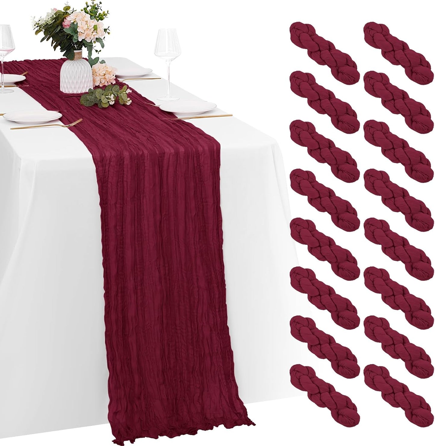 16 Pack Burgundy Cheesecloth Table Runners for Elegant Decor