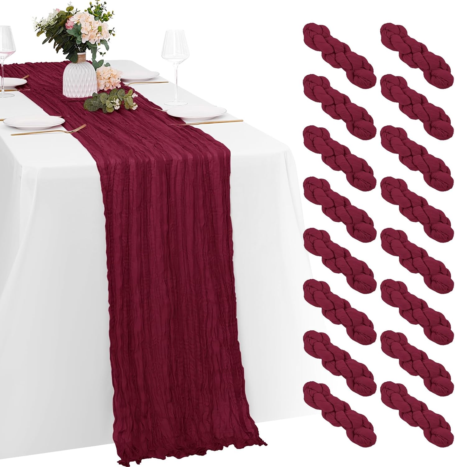 16 Pack Burgundy Cheesecloth Table Runners for Elegant Decor
