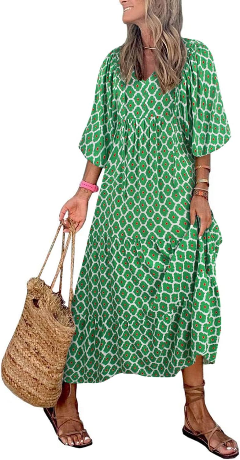 Miduo Womens Loose Fit Casual Summer V Neck Maxi Dresses