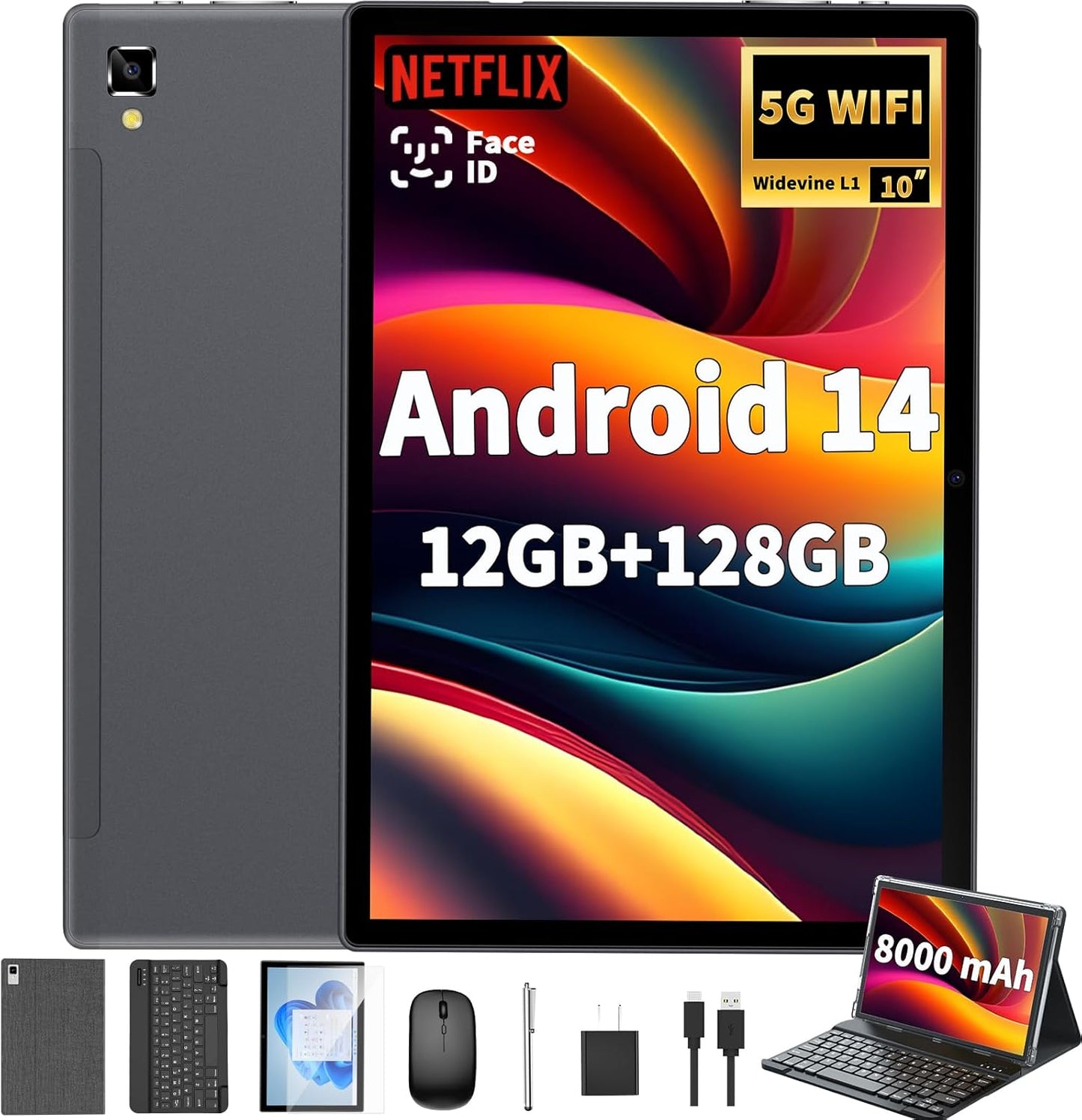 Android 14 Tablet with Keyboard - 10 inch, 12GB RAM, 128GB ROM