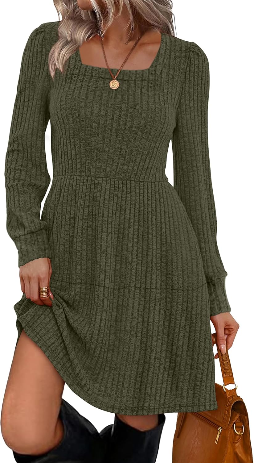 Sampeel Womens Square Neck Long Sleeve Fall Dresses Casual Style