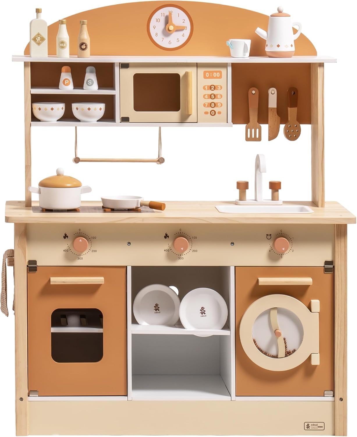 ROBUD Wooden Play Kitchen for Kids with Realistic Accessories