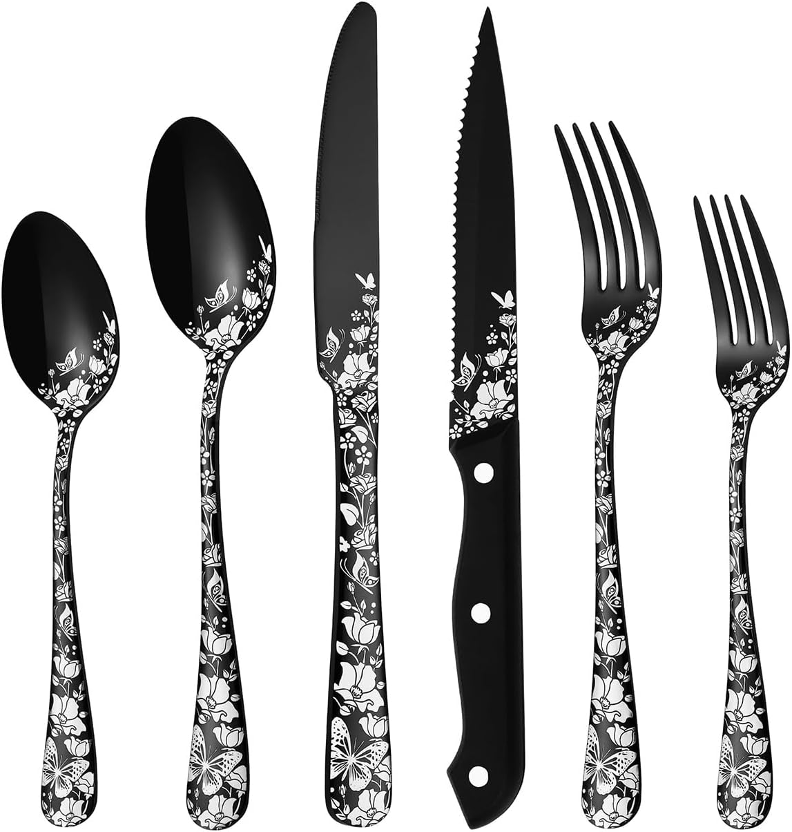 Stapava 24 Pcs Black Silverware Set with Steak Knives for 4