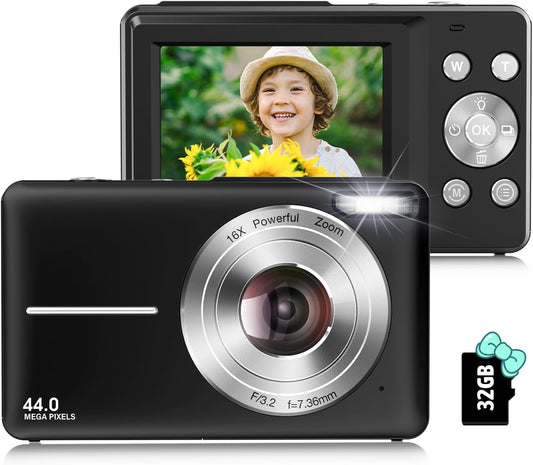 Compact 44MP Kids Camera - 16X Zoom, Anti Shake