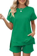 Womens Fashion 2 Piece Short Sleeve Loungewear Set - Breathable