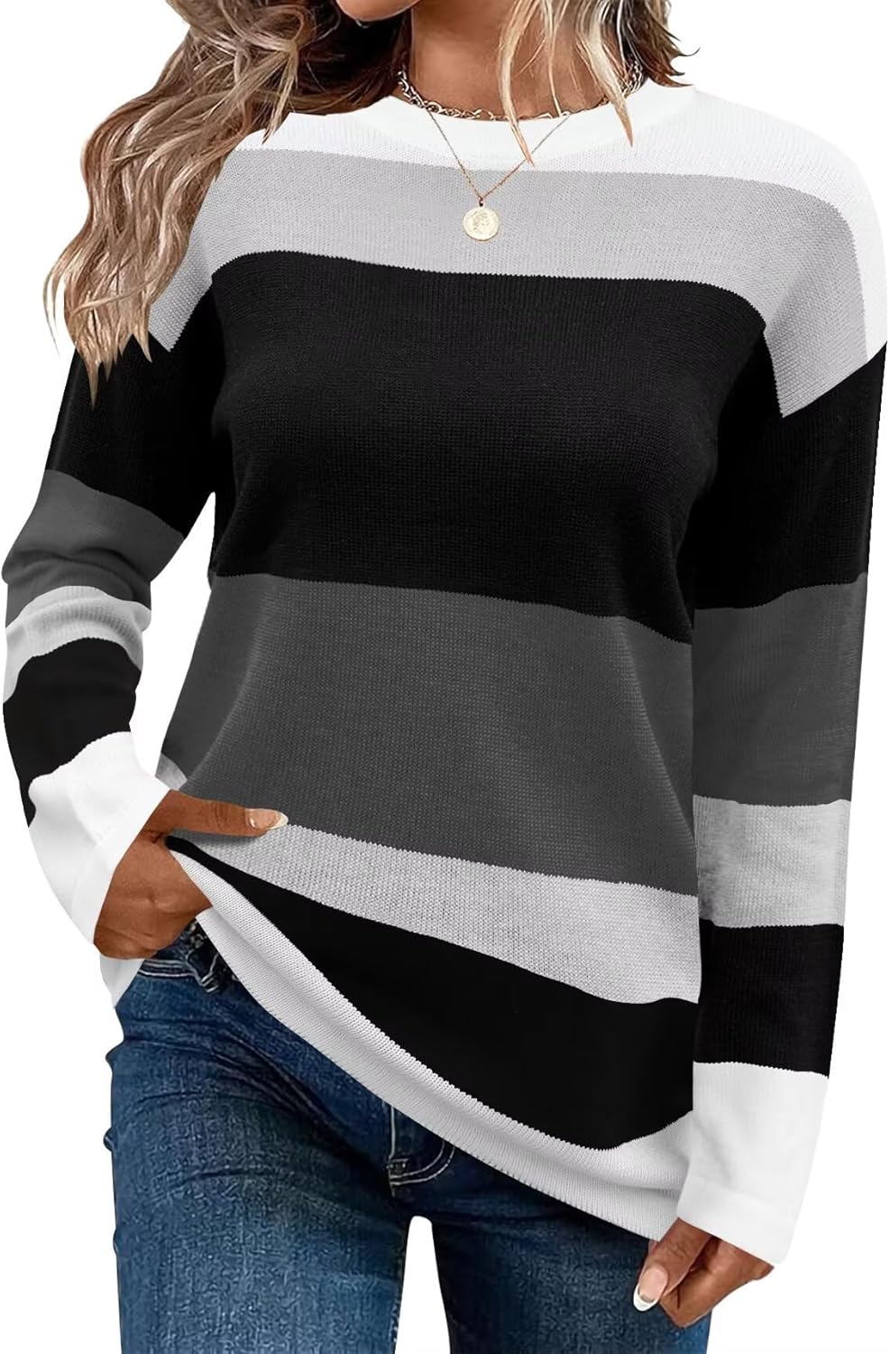 Cute Striped Sweaters for Women - Cozy Crew Neck Pullover