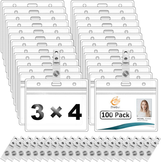 Clear Plastic Horizontal Name Tag Holder with Metal Clips 100 Pack