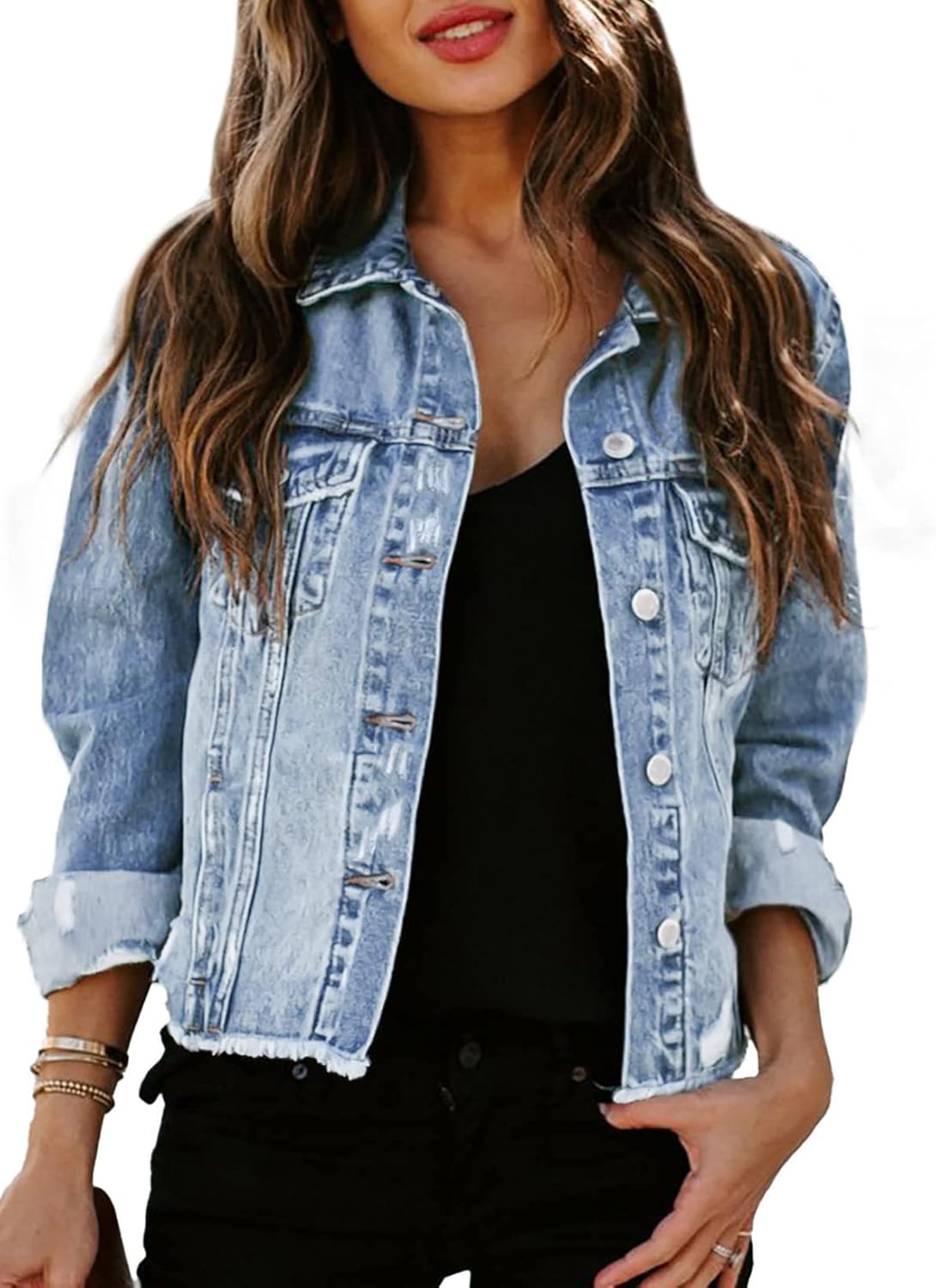 Stylish Women's Denim Jacket with Distressed Ripped Design