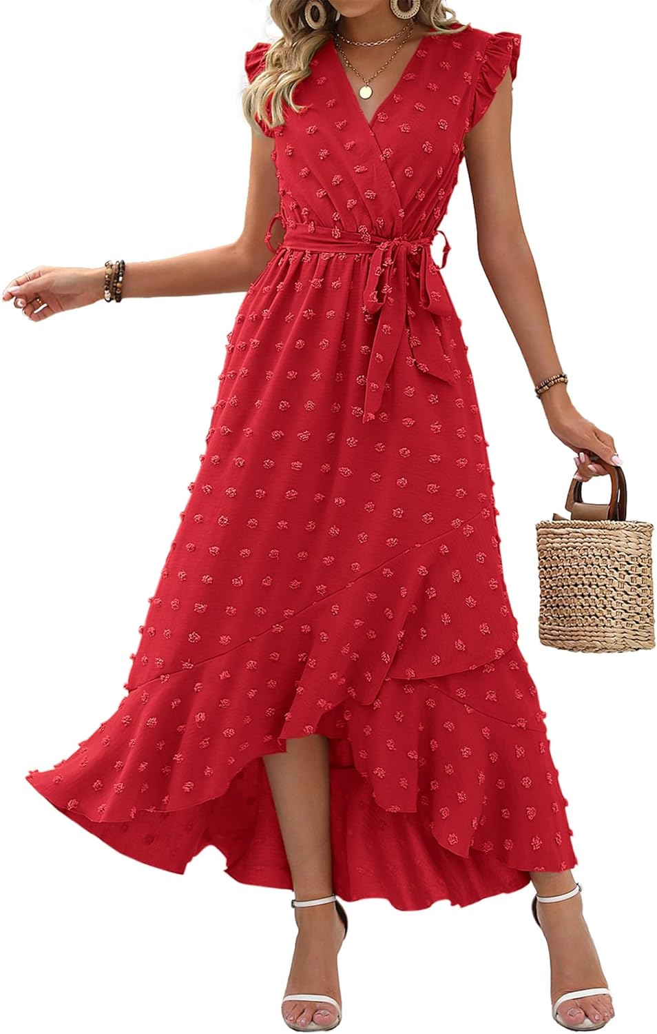 BTFBM Women V Neck Summer Dress Boho Flowy Ruffle Maxi