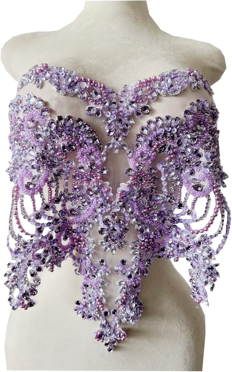 Handmade Rhinestones Lace Bodice Applique for Dress Clothes