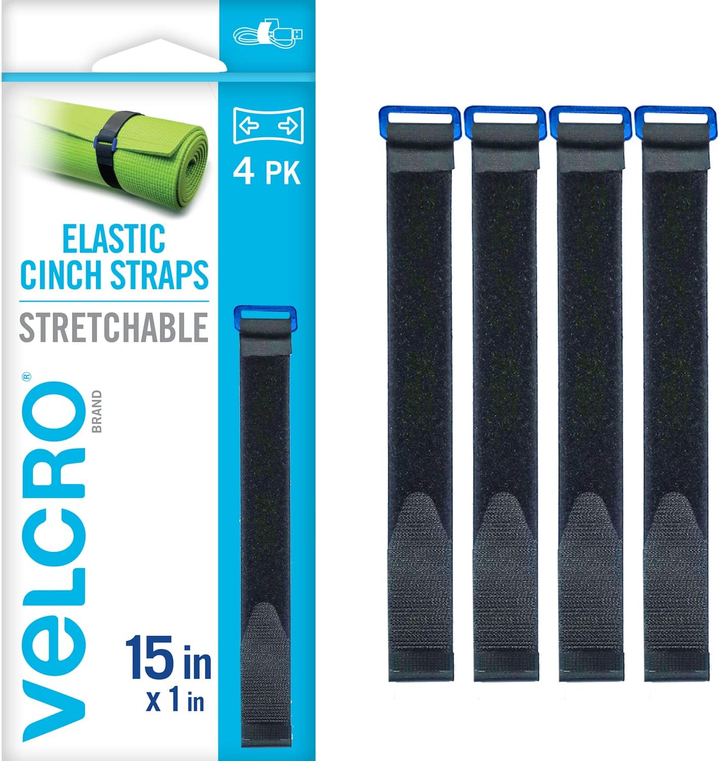 VELCRO Brand 15 Elastic Straps 4 Pack | Stretchable & Adjustable | Fasten Gear Securely
