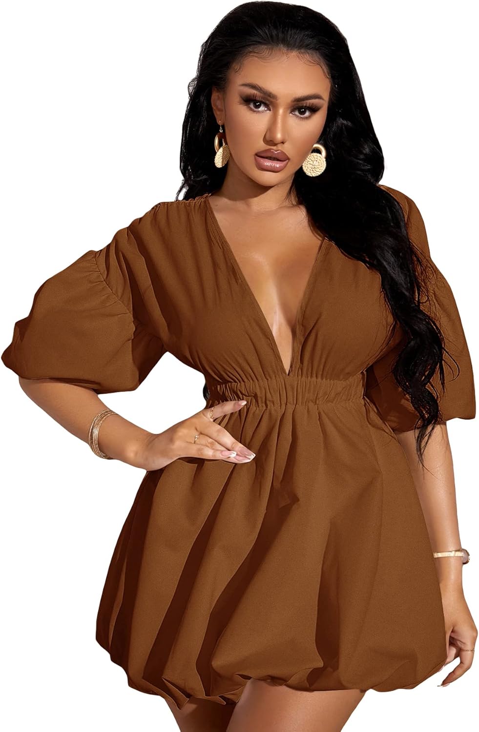 WDIRARA Women's Deep V Neck Puff Sleeve High Rise Flare Dress