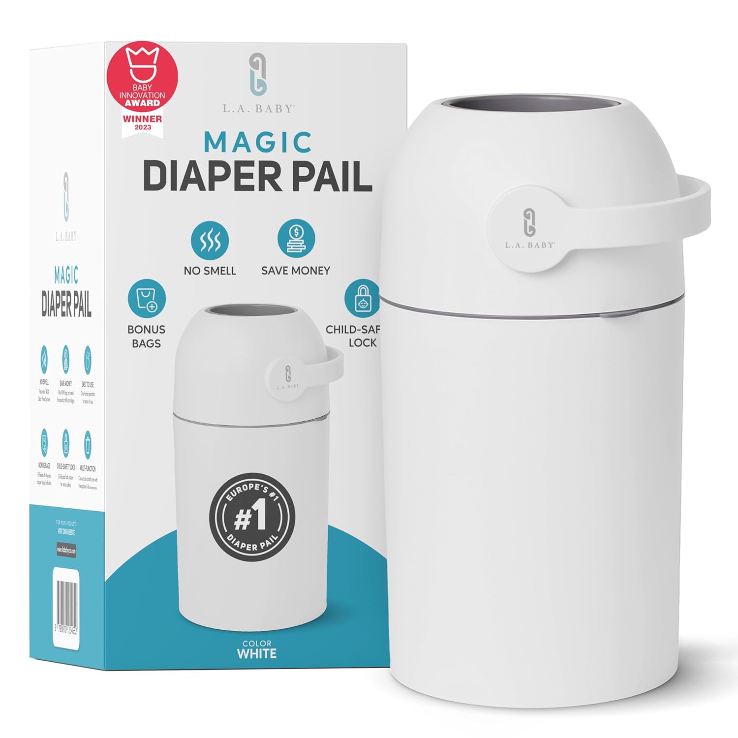 Odor-Free Magic Diaper Pail - No Refills - Child-Safe Lock - White